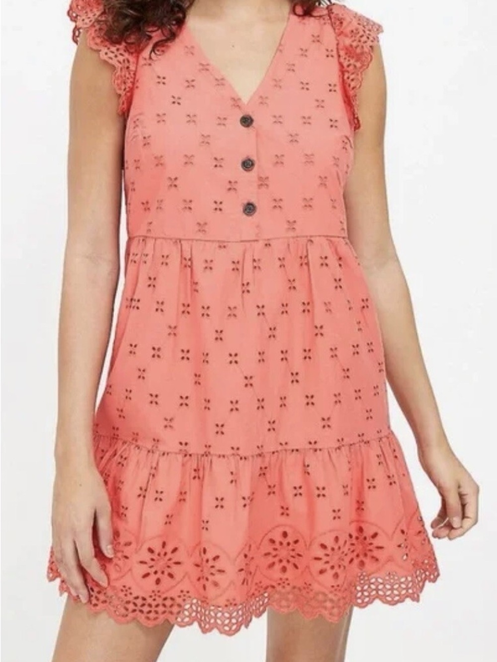 LOFT Coral Eyelet V-Neck Midi Dress